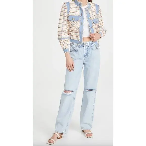 Veronica Beard Women's Nilaja Jacket Multicolor Size 4 Plaid Tweed Denim Trim - Picture 2 of 15